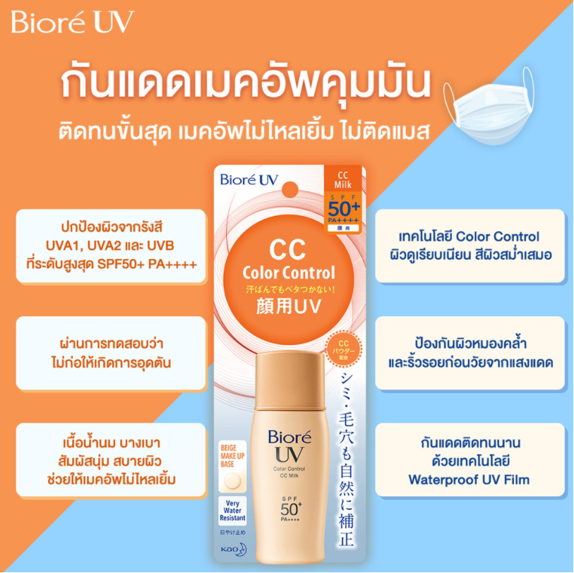 Biore UV Color Control CC Milk SPF50+ Pa++++ 30ml กันแดดรองพื้น เนื้อน้ำนมผสานรองพื้นบางเบา ผิวดูกระจ่างใสเรียบเนียน สีผิวสม่ำเสมอ ด้วยเทคโนโลยี Color Control